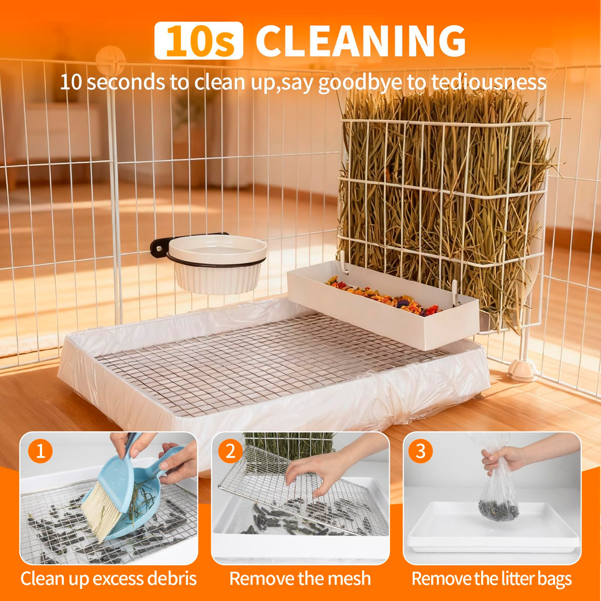 BESNEW 3 in 1 Rabbit Hay Feeder with Litter Box,Upgraded Metal Hay Rack & Litter Tray & Water Bowl,Quick Cleaning,Easy to Install,Bunny Supplies for Rabbit Guinea Pig Chinchilla Small Animals