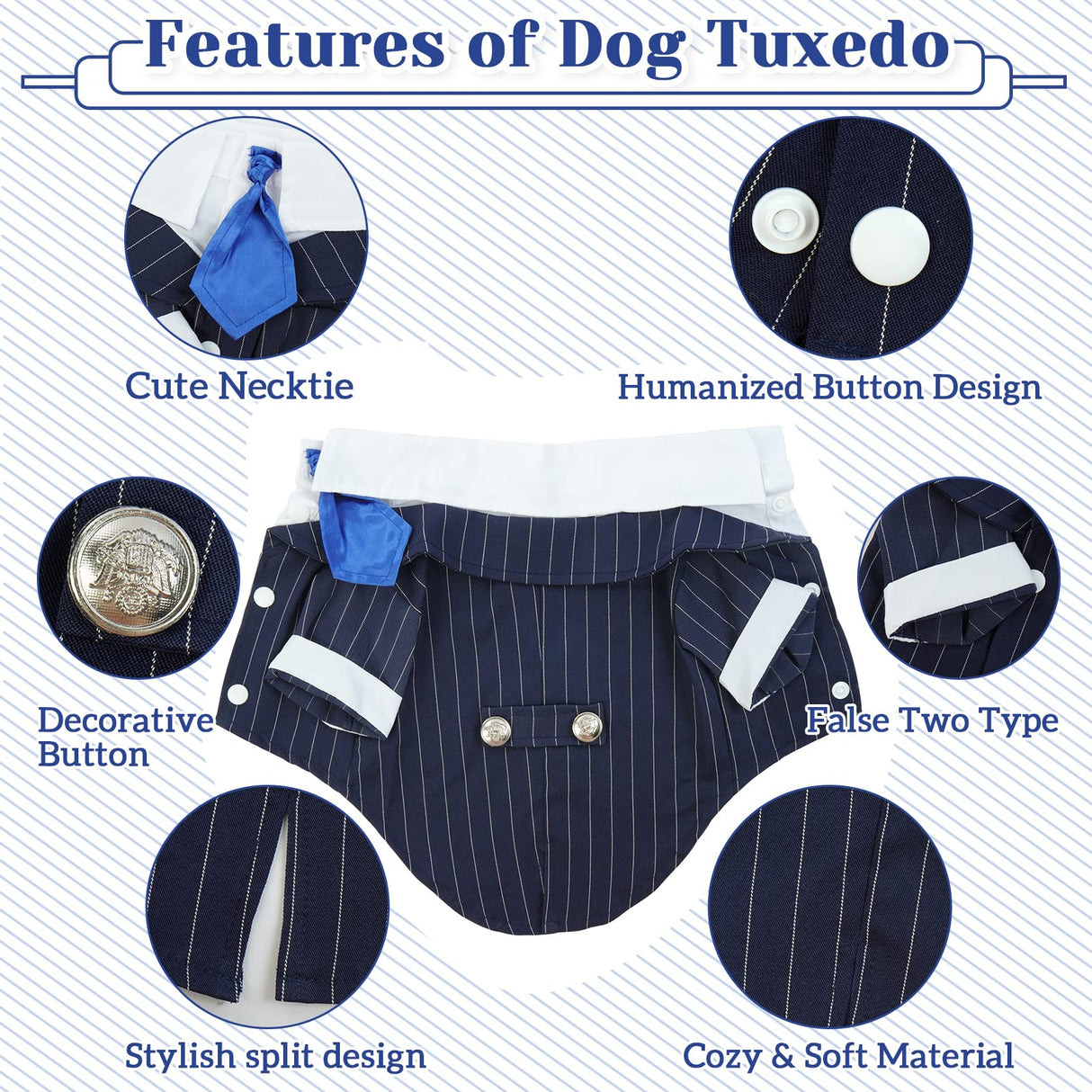 DENTRUN Navy Blue Dog Tuxedo - Formal Pinstripe Pet Suit Shirt with Satin Tie, Elegant Wedding Outfit Birthday Party Attire for Golden Retriever Husky Border Collie Large Dogs (Polyester), XXXL