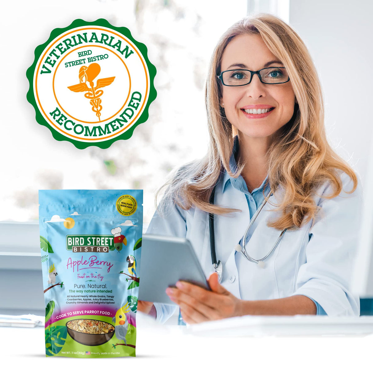 Bird Street Bistro Parrot Food - Parakeet & Cockatiel Food - Cooks in 3-15 min with Natural Wholesome Grains, Legumes, Non-GMO Fruits, Vegetables & Health Spices