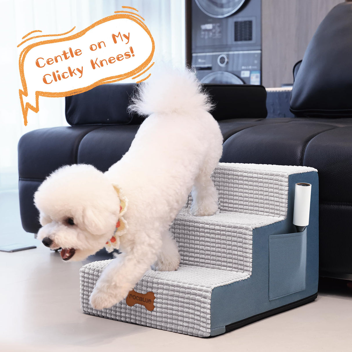 POCBLUE Dog Stairs for Small Dogs and Cats 22" H, 5-Step Pet Step for High Bed or Couch, Non-Slip Balanced Pet Ramp Indoor with High-Density Foam and Washable Cover, Grey
