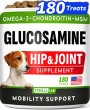 Load image into Gallery viewer, Glucosamine Treats for Dogs - Joint Supplement w/Omega-3 Fish Oil - Chondroitin, MSM - Advanced Mobility Chews - Joint Pain Relief - Hip &amp; Joint Care - Chicken Flavor - 180 Ct - Made in USA
