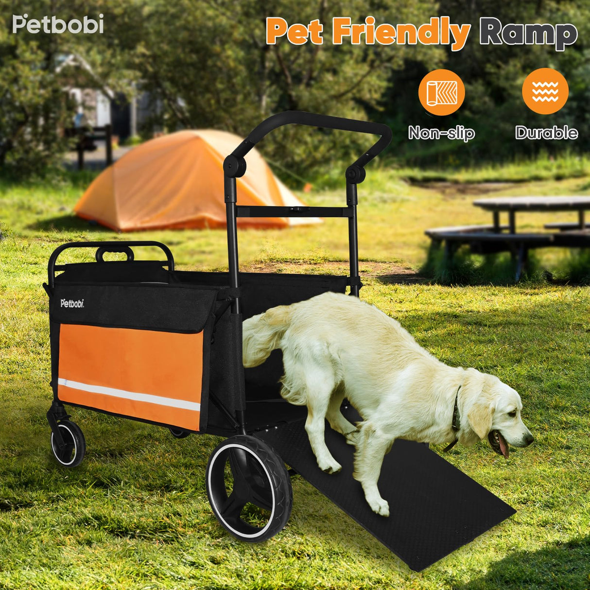 Petbobi Dog Wagon Stroller for Large & Medium Dogs - 2-in-1 Push-Pull Pet Stroller with Ramp, Foldable All Terrain Wagon Cart, One-Step Brake, Suitable for Outdoor Walks & Camping, Orange