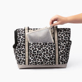 Cleverpup Transit Tote Dog Carrier for Small Dogs up to 8 lbs, 16x11x8 Soft-Sided 4-Pc Set with Waterproof Base, Plush Insert, Food Pouch, Mesh Head Opening - Small, Leopard