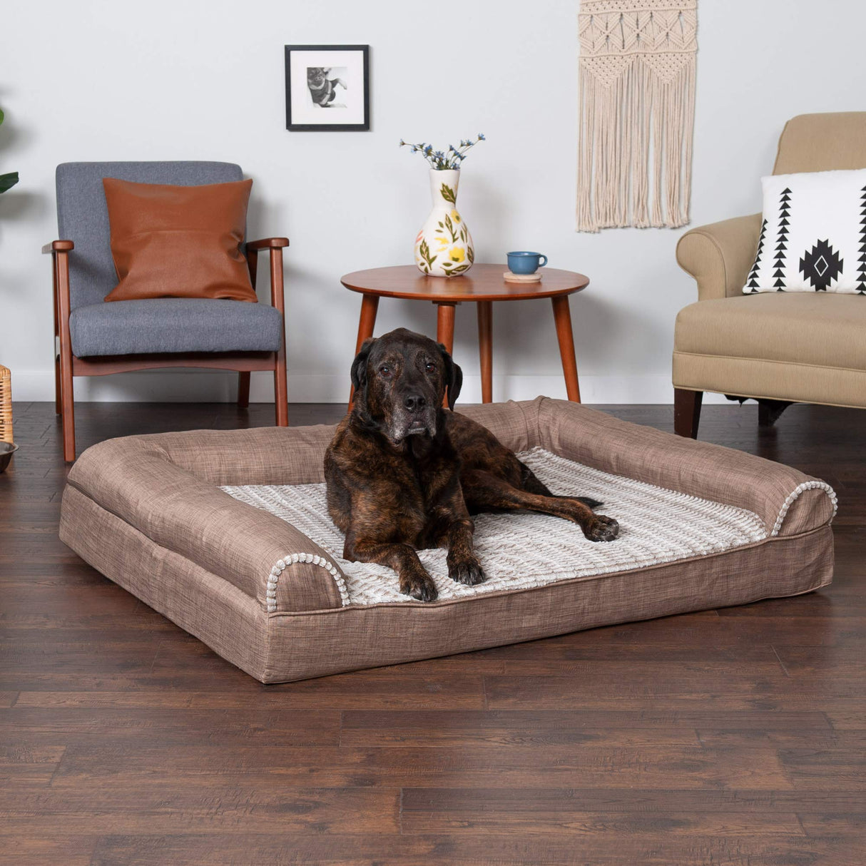 Furhaven Memory Foam Dog Bed for Large Dogs w/ Removable Bolsters & Washable Cover, For Dogs Up to 125 lbs - Luxe Faux Fur & Performance Linen Sofa - Woodsmoke, Jumbo Plus/XXL