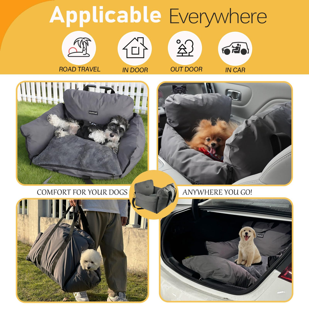 4-in-1 Dog Car Seat, Convertible Pet Booster Seat for Small Medium Dogs Up to 25lbs, Portable Travel Bed Sofa Pad with Safety Strap & Foldable Storage for Car Home Use