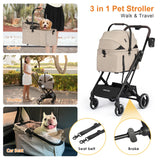Beberoad Pets X2 Pet Stroller, Dog Cat Stroller for Small Pets, Equipped with Detachable & One-Click Folding Carrier, Waterproof Pad & Sunshade Canopy,Camel