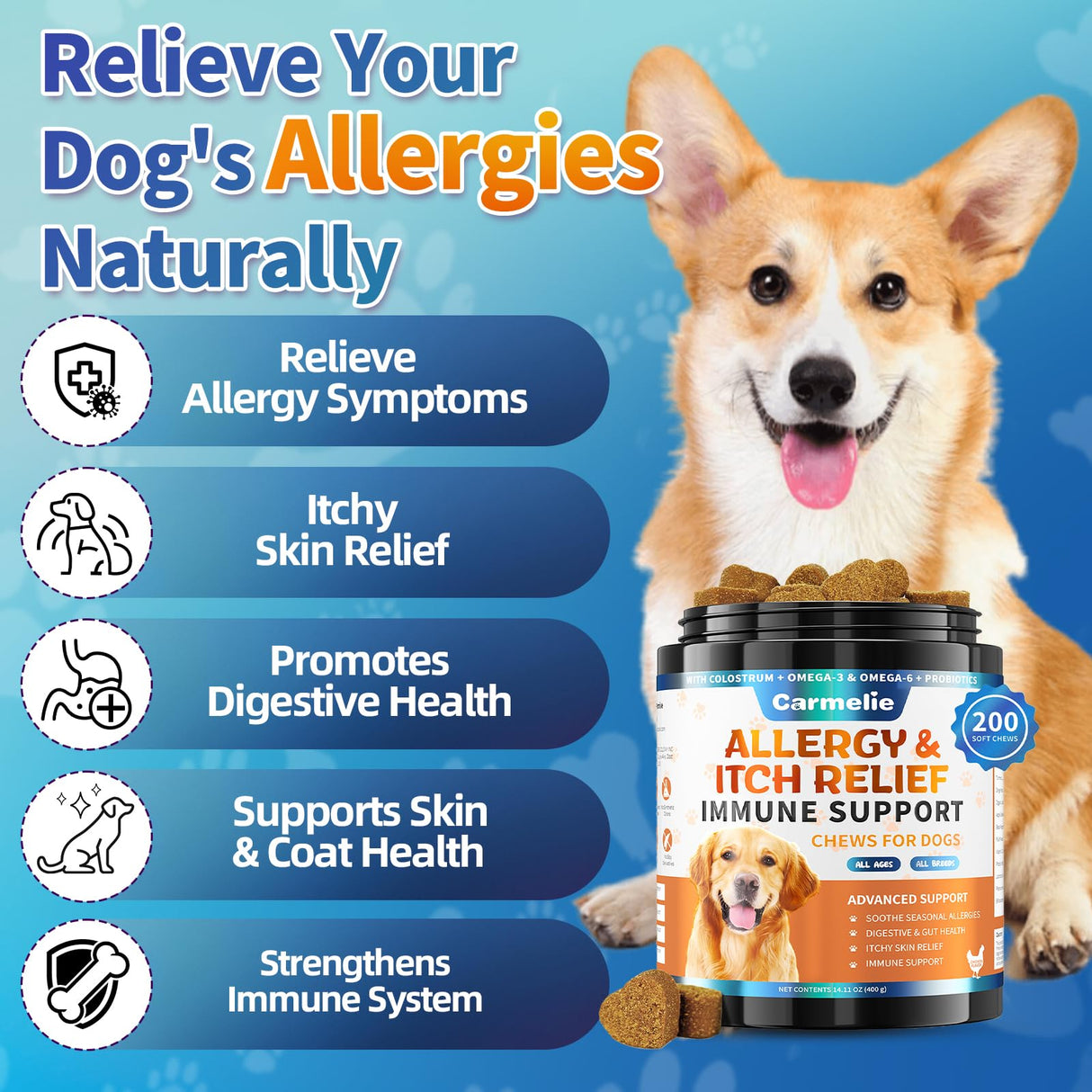 Carmelie Dog Allergy Chews 200 Chews - Dog Itching Skin Relief Support - Omega 3 Probiotics for Dogs - Itchy & Paw Licking Relief, Seasonal Allergies, Skin & Coat Immunity Supplement - Chicken Flavor