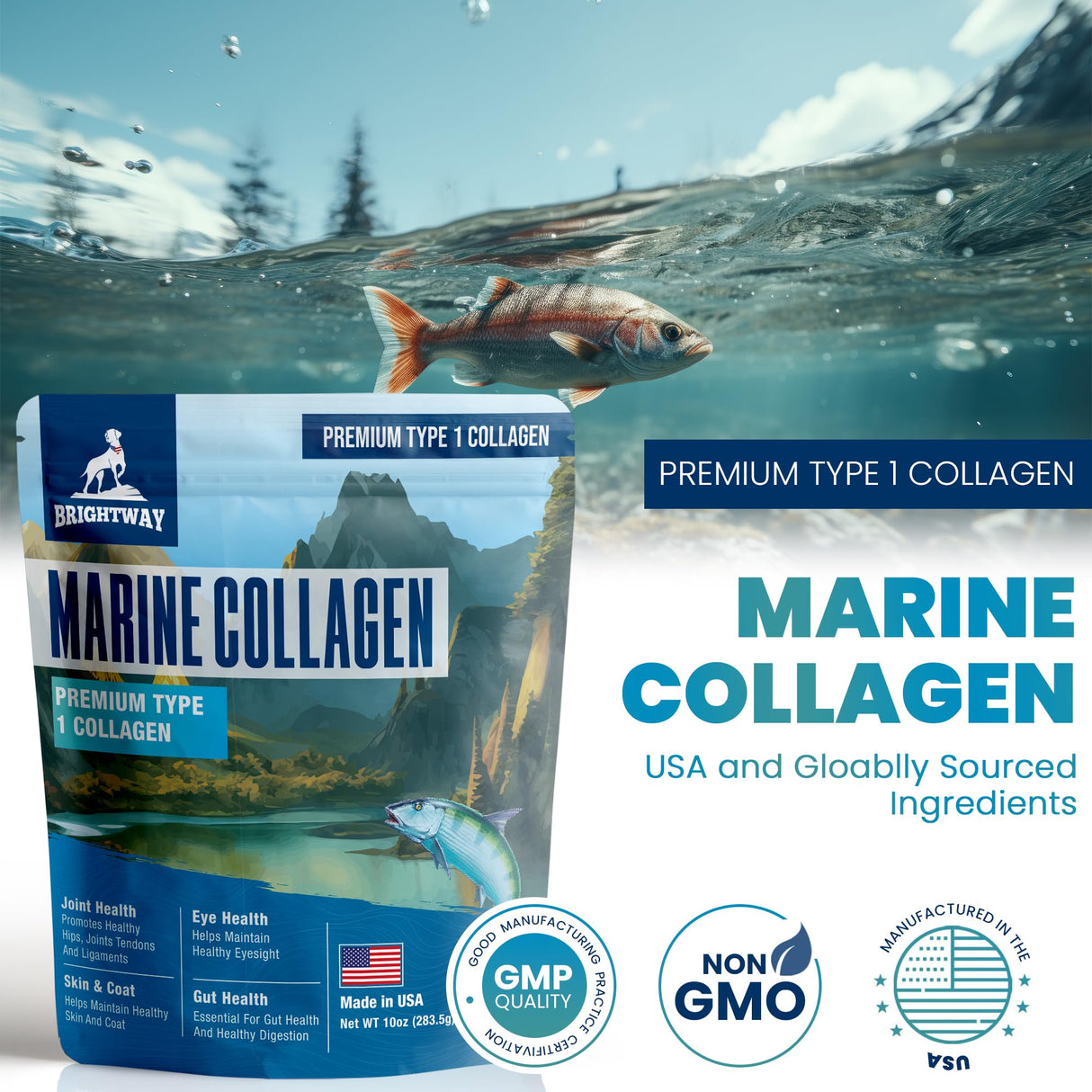 Wild Caught Marine Pet Collagen for Dogs, Peptide for Dogs - Improves Gut, Skin & Coat Health, Allergies, Pet Mobility Hip & Joint Supplement Health
