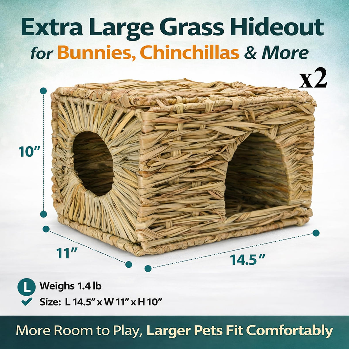HERCOCCI Extra Large Grass House for Rabbit, Foldable & Comfortable - Small Animal Hut Play Hideaway Bed Hay Mat Chew Toy for Bunny Guinea Pig Hamster Chinchilla (2 Pack)