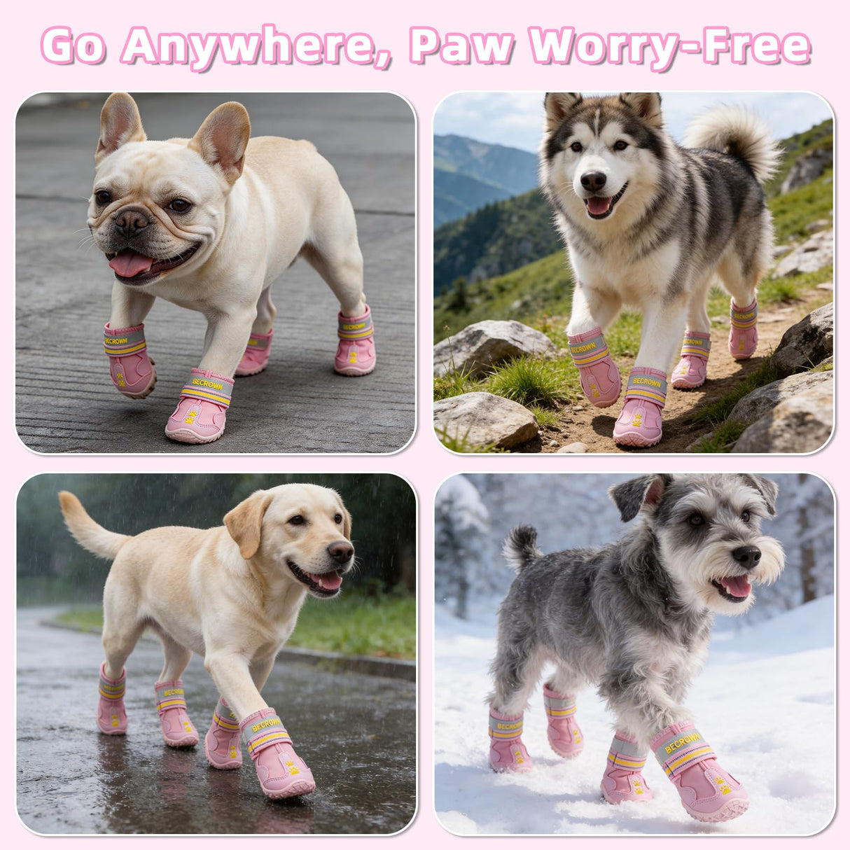 BECROWM Waterproof Dog Boots-Anti-Slip Dog Shoes with Paw Embroidery,Reflective Straps,for Rainy/Snowy/Muddy Days,Outdoor Walking (Pink, #4 (width2.36inch) for 33-44 lbs)