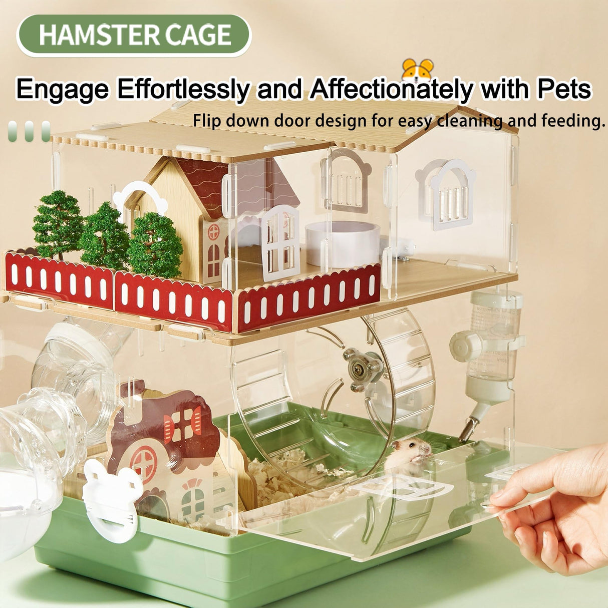 12 in 1 Clear Acrylic Hamster Cage with All Accessories,13.5''L* 10''W* 15''H Dwarf Hamster Cage,Magnetic Connection Small Hamster Enclosure,Garden Style Wooden Mouse Cage for Pet Mice(2-Layer,Green)