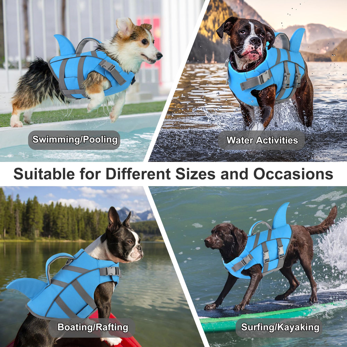 Dogcheer Dog Harness-Style Life Jacket Shark, Reflective Dog Life Vest for Swimming Boating, Adjustable Puppy Swim Vest, Pet Floating Device for Small Medium Large Dogs - Blue, L