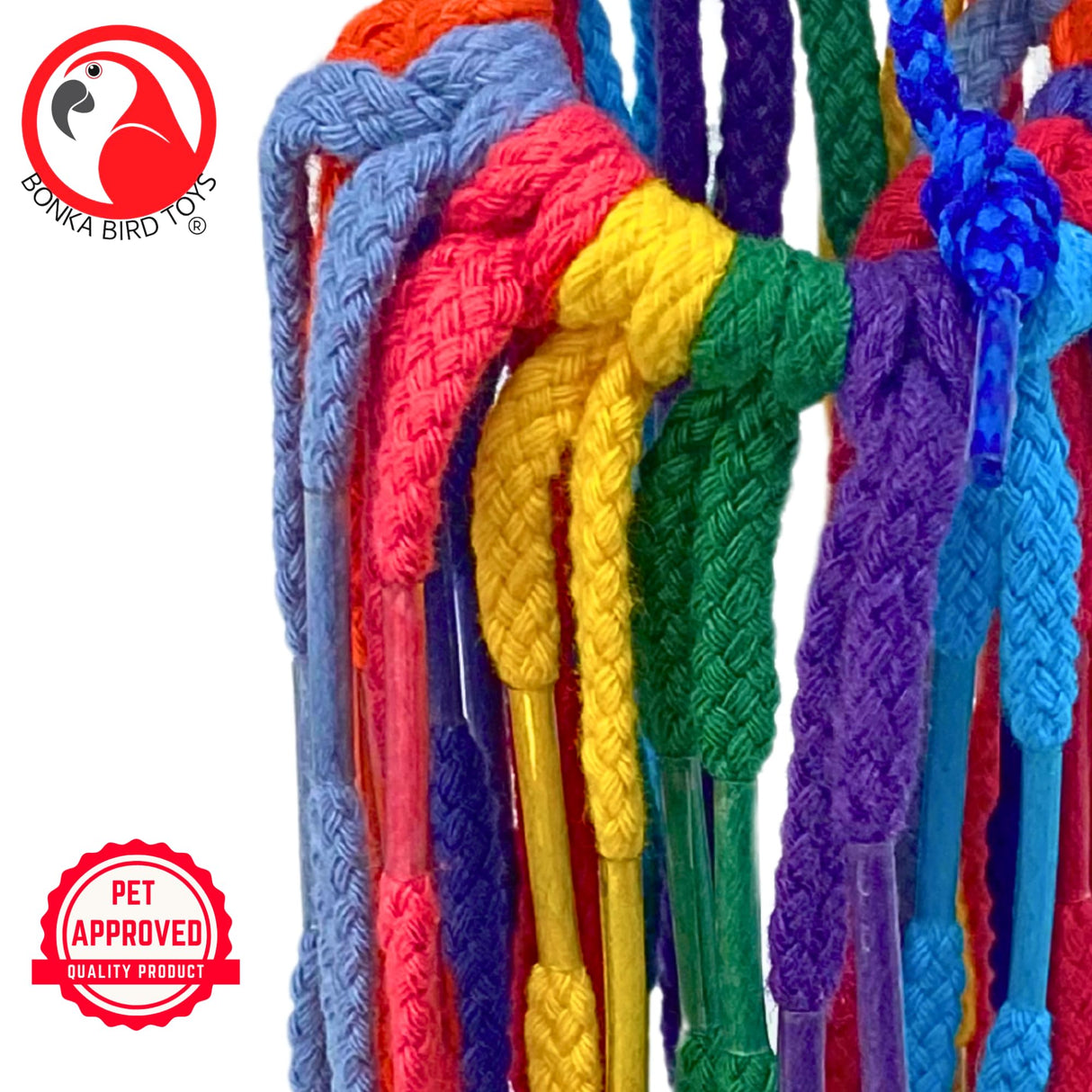 Bonka Bird Toys 51214 Small Aglet Heaven Cotton Shoelace Toy with Plastic Aglets and 2" Ring for Parakeets Cockatiels Quakers Pionus Small Bird Enrichment