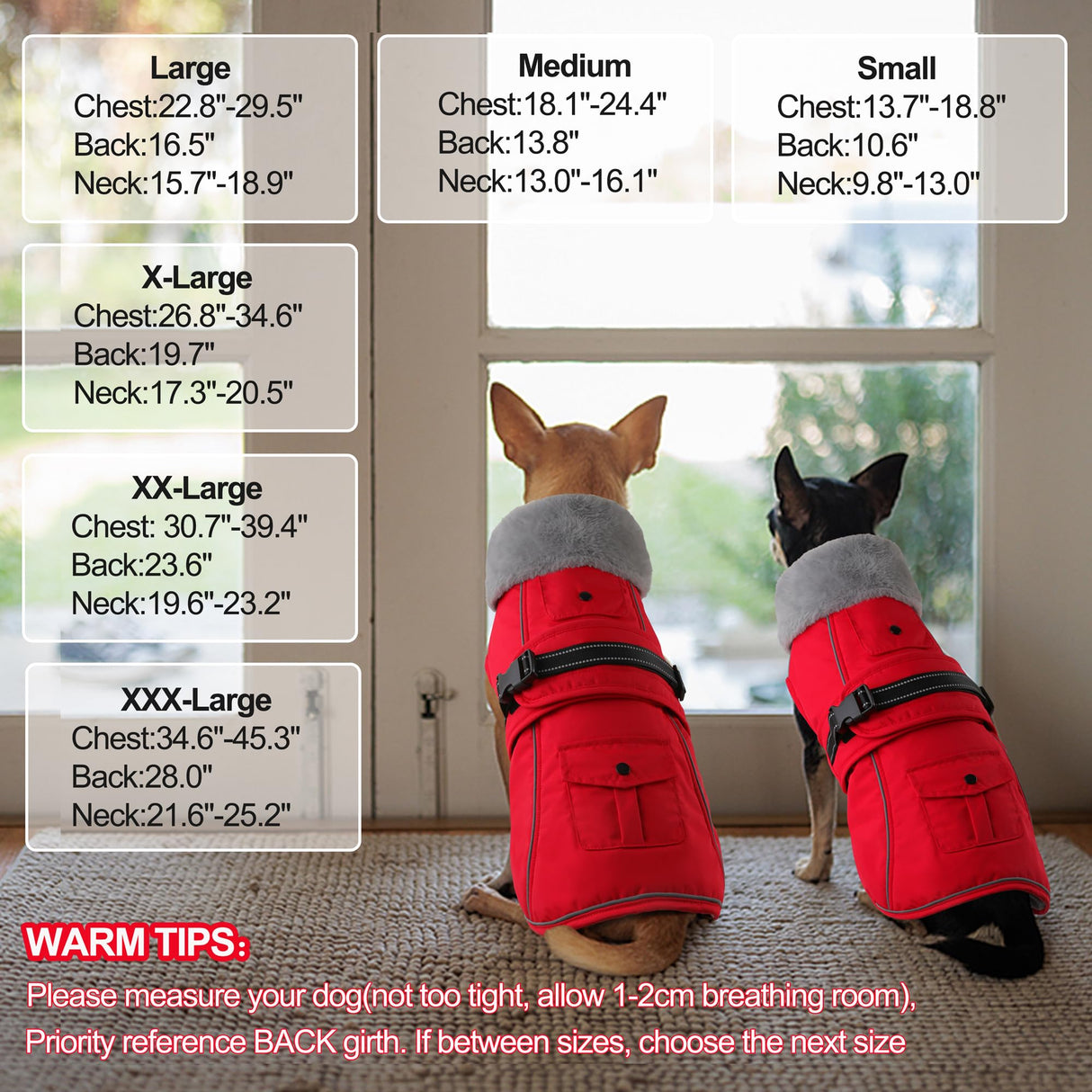 Dogcheer Dog Coat with Pocket, Waterproof Dog Jacket with Adjustable Buckle, Reflective Puppy Winter Coat Warm Turtleneck Fleece SnowJacket for Small Medium Large Dogs - Red L