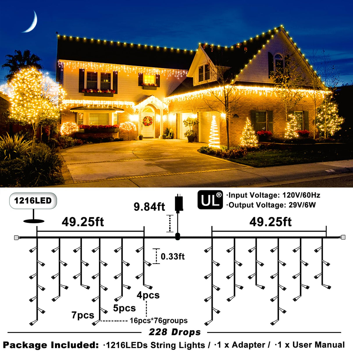 Christmas Icicle Lights Outdoor - 99ft 1216 LED 8 Modes Hanging Dripping Icicle String Lights with 228 Drops, Plug in Waterproof Timer Memory for Home Holiday Yard Wedding Party Indoor, Warm White