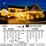 Christmas Icicle Lights Outdoor - 99ft 1216 LED 8 Modes Hanging Dripping Icicle String Lights with 228 Drops, Plug in Waterproof Timer Memory for Home Holiday Yard Wedding Party Indoor, Warm White