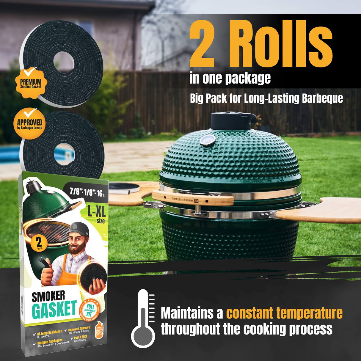 Gasket for Big Green Egg Large/XL/XXL - 2-Pack x 8 FT Smoker Gasket Seal - BGE Gasket 7/8" x 1/8" Felt - Compatible with Big Green Egg - Accessories & Parts for Grill by Smoker Chef