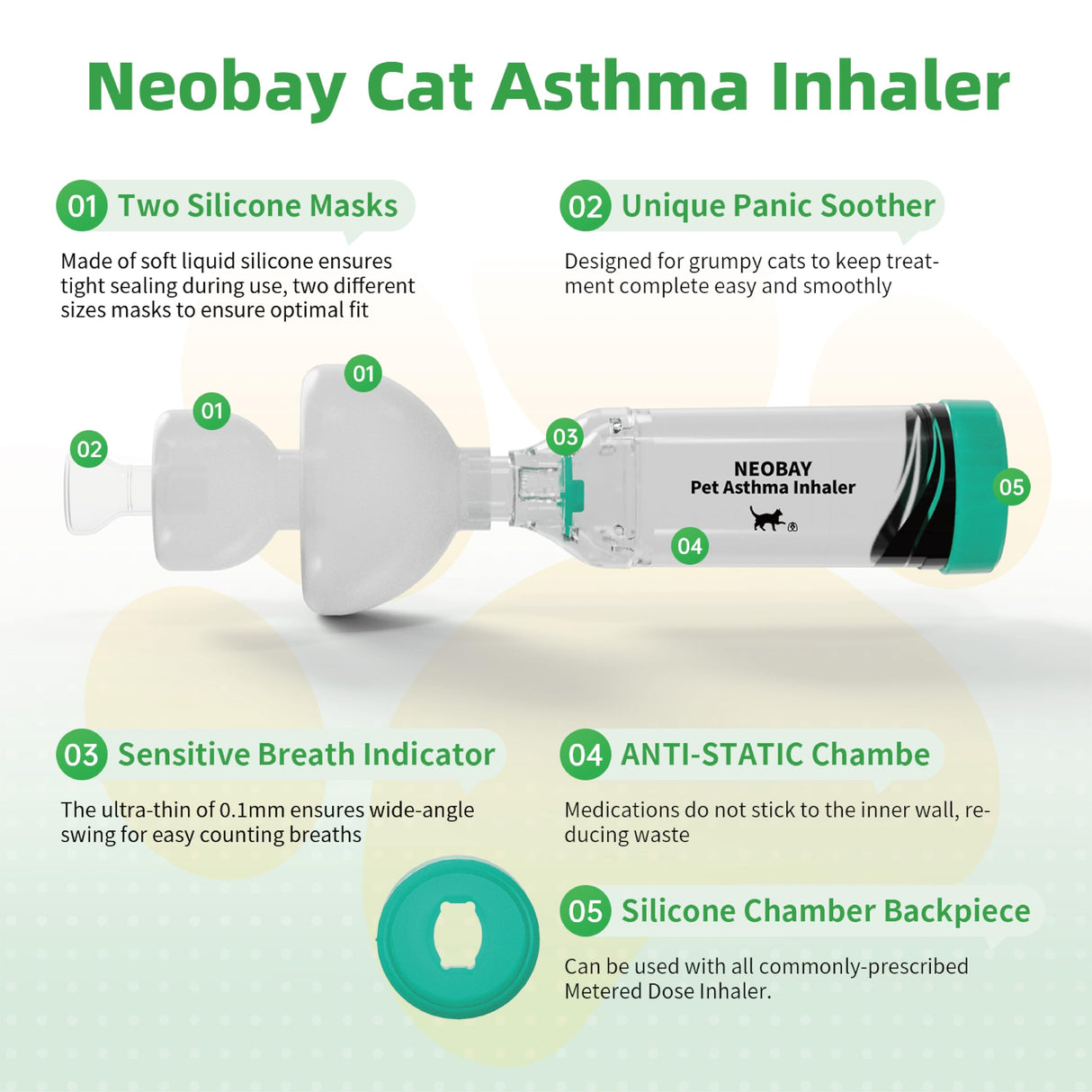 Neobay Cat Inhaler Spacer with Unique Panic Soother Training Aid & Sensitive Flow Indicator – Feline Aerosol Chamber for Cats with a Respiratory Condition – Includes 2 Masks (Small/Med) Green 1 Pack