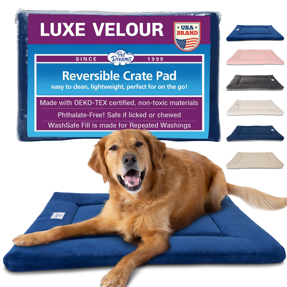 Pet Dreams Dog Crate Pad - Washable Kennel Mat, Crate Pads for Dog Cages, Non-Toxic, Flat Indoor Cat Bed, Fits iCrate 18, 24, 30, 36, 42, 48 Inches (Blue, Small, 24")