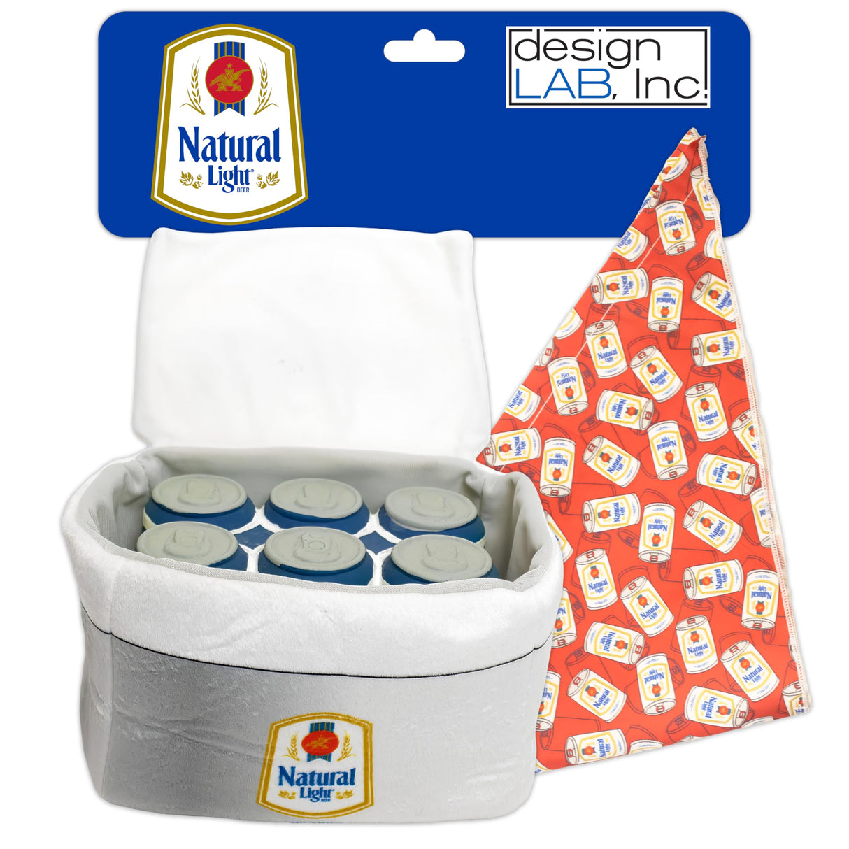 design LAB, Inc. Natural Light Beer Dog Toy | Tailgate Pack Plush Toy Cooler with Rubber Can Six Pack & Official Logo Bandana Bundle | Squeaky Novelty Toys for Dogs and Beer Lovers