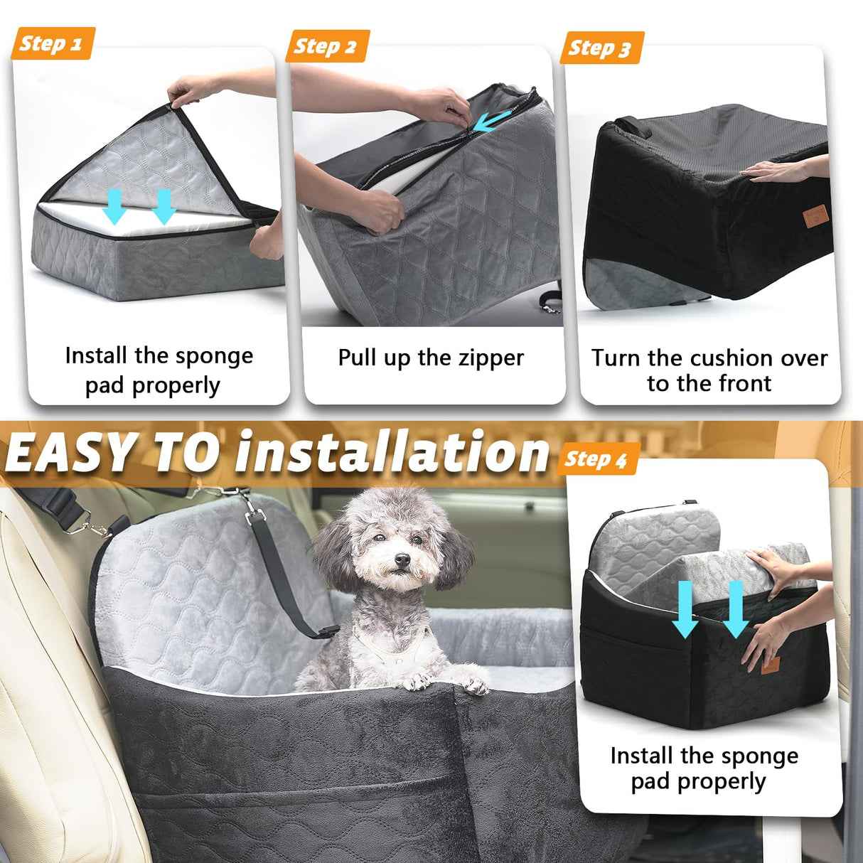Ztinng Dog Car Seat for Small/Medium Dogs/Cats up to 30 lbs Memory Foam Pet Booster Seat with Detachable Washable Cover Travel-Safe Car Bed with Safety Belt/Storage Pockets Easy to Install