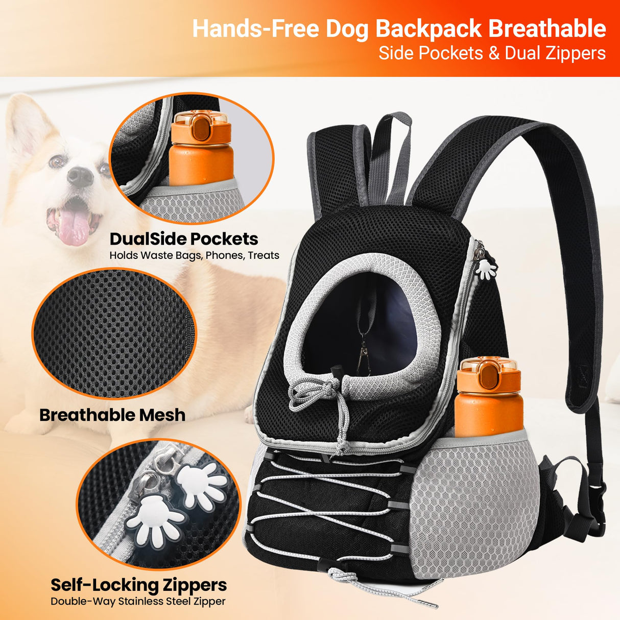 BARDIMIES Dog Carrier Backpack for Small Dogs｜Pet Travel Shoulders Bag - Puppy Holder for Chest-Front Dog Baby Carring Ventilated for Hiking & Camping, Black Grey, L