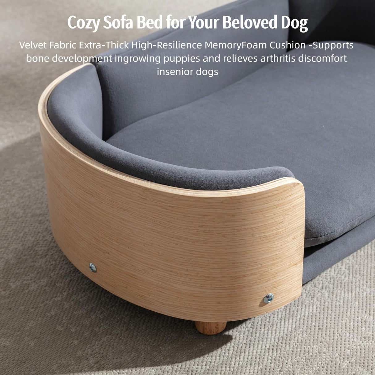 Trygoal Small Dog Sofa Bed with 2.4" Soft Foam, Removable Washable Cover, Elevated Dog Bed Pet Sofa with Solid Wood Legs & Bent Wood Back for Little Breeds, Dark Grey Velvet