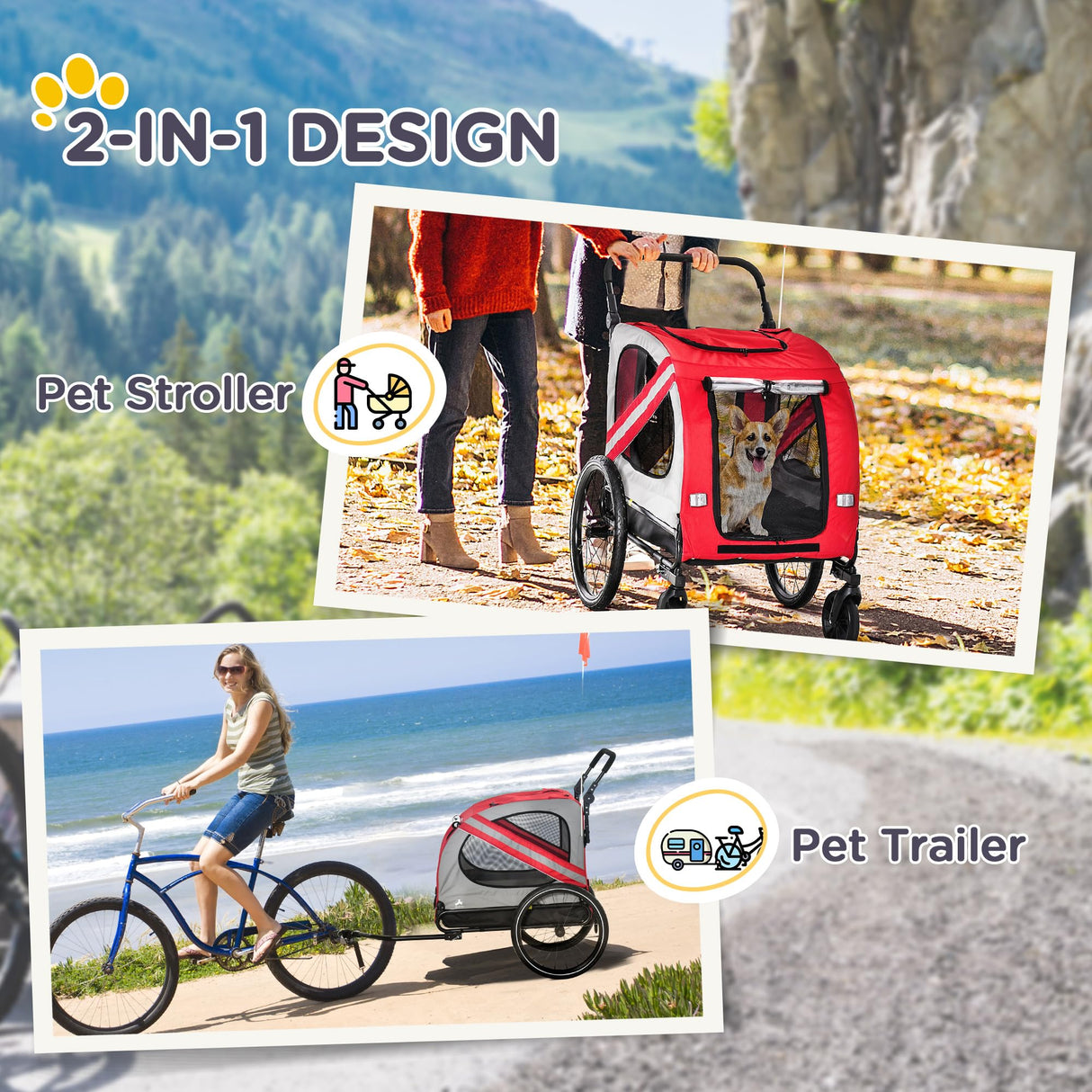 Aosom 2-in-1 Pet Bike Trailer for Small Medium Dogs, Road-Visibility Dog Stroller Bicycle Carrier, Weather-Strong Bike Wagon Trailer Sidecar Attachment, Red