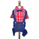 SMALLLEE_LUCKY_STORE Pet Clothes Costume Puppy Denim Overalls for Small Medium Dogs Cats Boys Bowtie Plaid Shirt Jeans Pants Outfits Chihuahua One Piece Jumpsuit,Red S