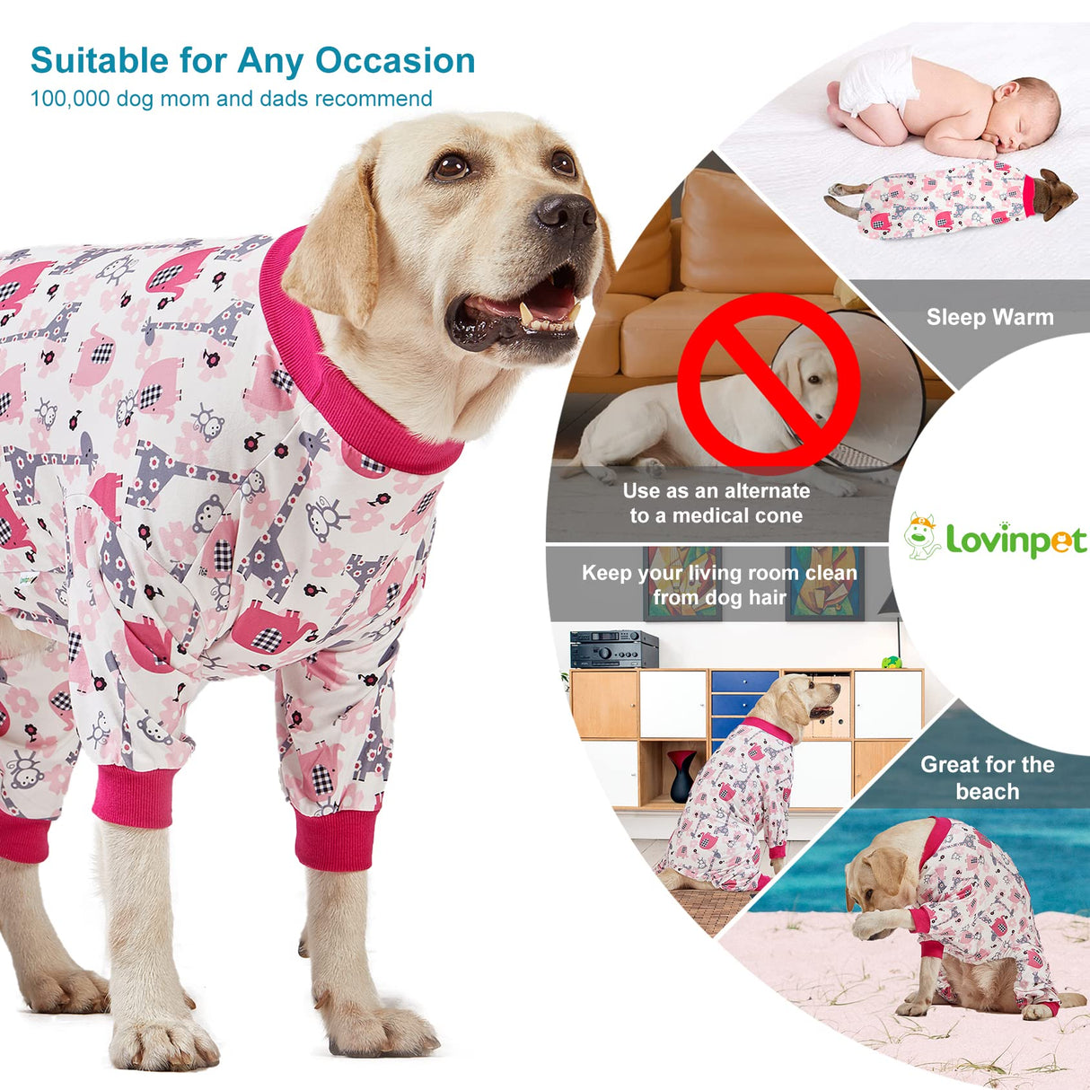 LovinPet Big Dog Pajamas, Pet Anxiety Relief, Anti Licking, Post Surgery Recovery Clothe, Lightweight Stretch Fabric, Jungle Dreams Fuchsia Print, Large Dog Jammies,Big Breed Pet PJ's, L