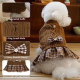 WOYYHO Girl Dog Sweater Dress with Bowtie Turtleneck Small Dogs Sweater with Leash Hole, Knitted Small Dog Sweaters Dress Puppy Winter Clothes for Yorkies Chihuahua (S, Brown)
