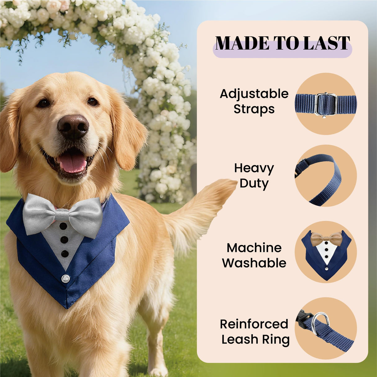 AVERYDAY Dog Tuxedo Bandana Collar for Wedding Outfit, Dog Tux Costume with Bowtie, Pet Harness with Leash Ring for Birthday Party Christmas, Formal Wear Suit and Tie for Small Medium Large Breeds