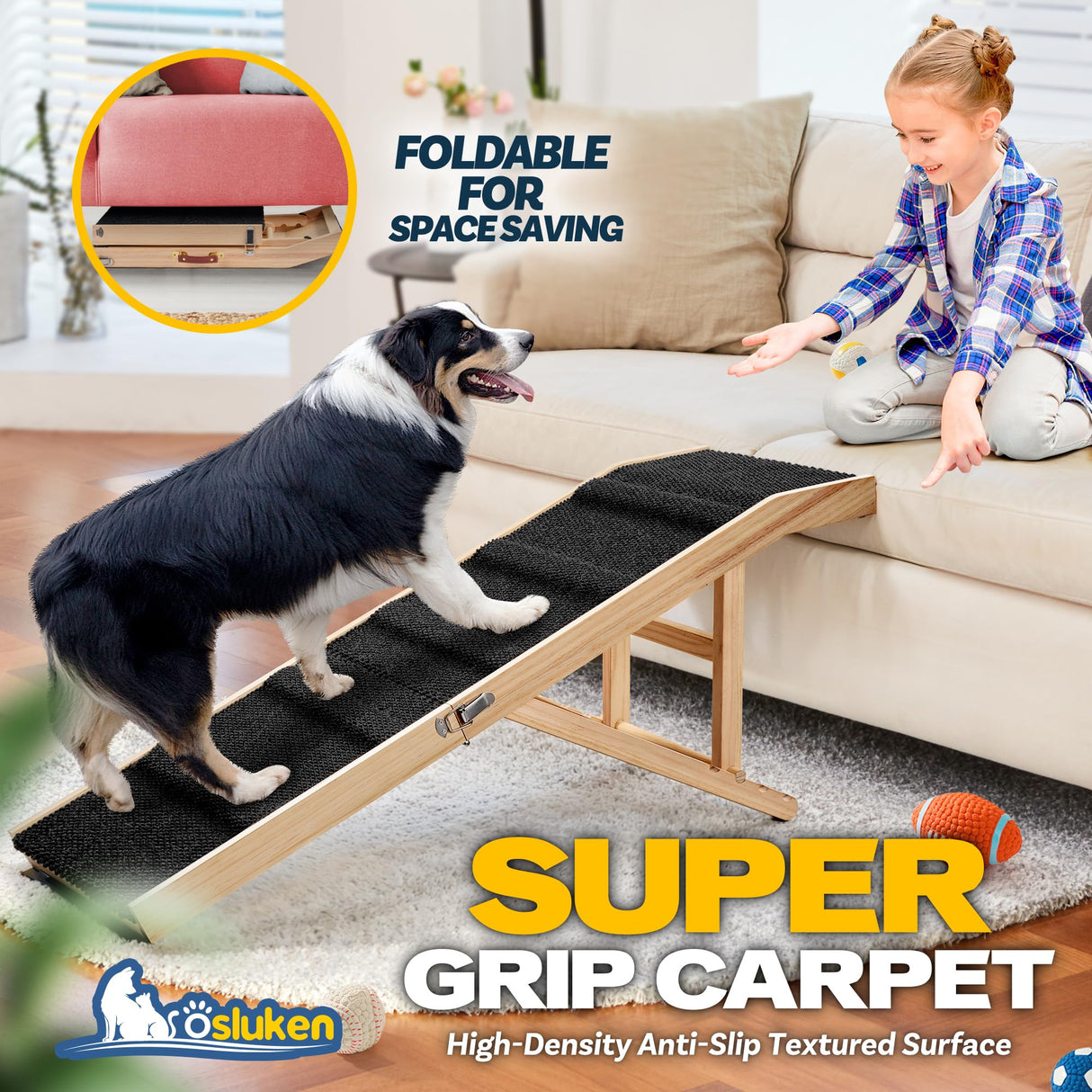 Dog Ramp for Couch, 49" Long Foldable Pet Ramp for Small Large Dogs, Dog Ramps for Bed, High Traction with Platform 6 Adjustable Heights 18" to 21.5" Up to 220LBS, Black