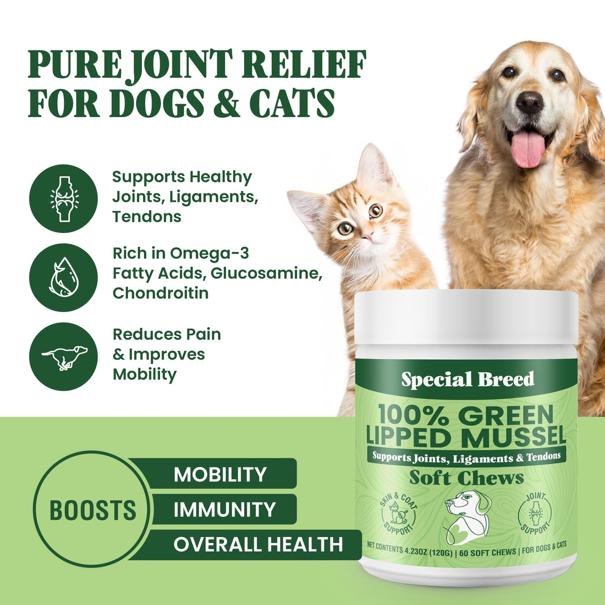 Green Lipped Mussel for Dogs & Cats - 60 Soft Chews - New Zealand Green Lipped Mussels - Natural Hip & Joint Supplement for Joints, Tendons, Ligaments, Muscles