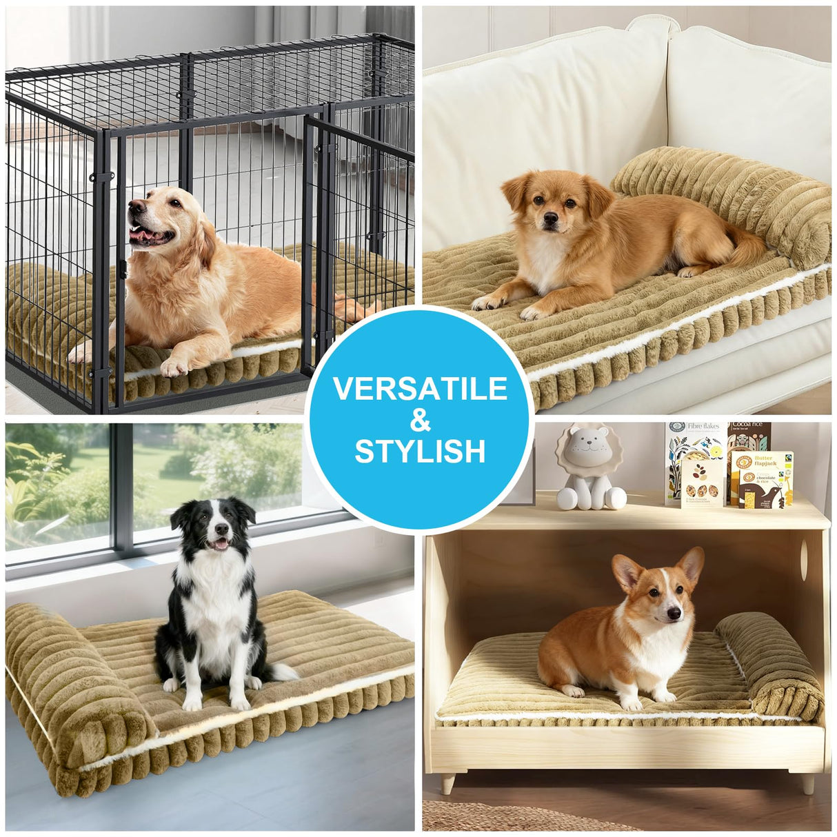 Comfort Dog Beds for Medium Size Dogs, Dog Bed with Removable Washable Cover, Deluxe Plush Dogs Bed for Crate with Pillow, Anti-Slip Pet Mat Mattress for Kennel with Durable Zipper(Brown, M)