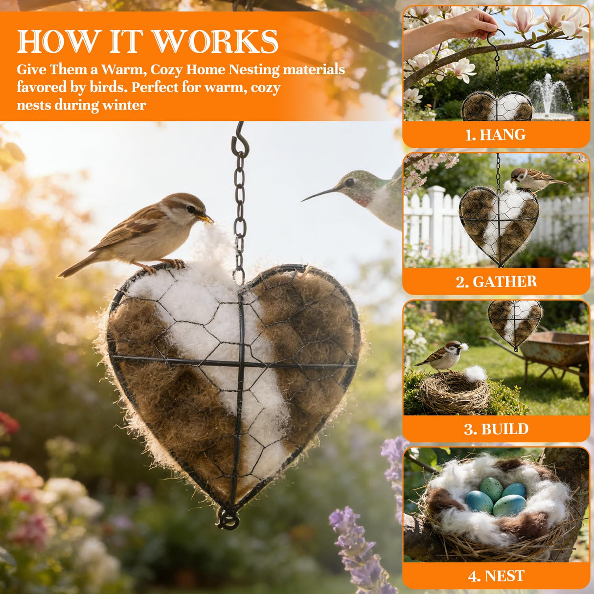 Handmade Alpaca Fiber Bird Nesting Heart, Birds Nests Material Holder, Hummingbird Houses Nest Boxes, Winter Tree Shelter for Wild Birds, Gifts for Outside Garden Art Birdhouse, Birds Lovers (1)