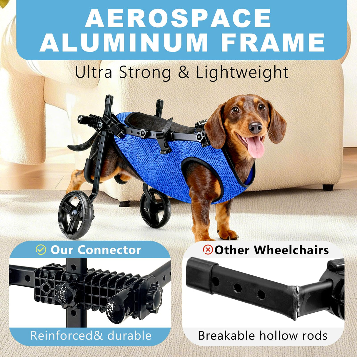 Dog Wheelchair for Back Legs – Adjustable Height/Length/Width, Sturdy Wheelchair with All-Terrain Shock-Absorbing Wheels, Mobility Support for Injured or Disabled Small & Medium Dogs & Cats, Blue (M)