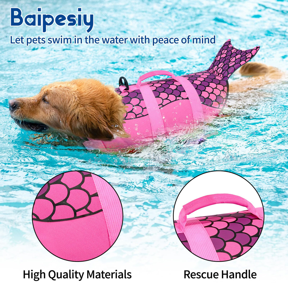 Baipesiy Mermaid Dog Life Jacket, Pink Ripstop Dog Life Vest for Swimming & Boating, High Buoyancy Adjustable Pet Vest with Durable Rescue Handle & D-Ring, for Small/Medium/Large Dogs (Mermaid, M)