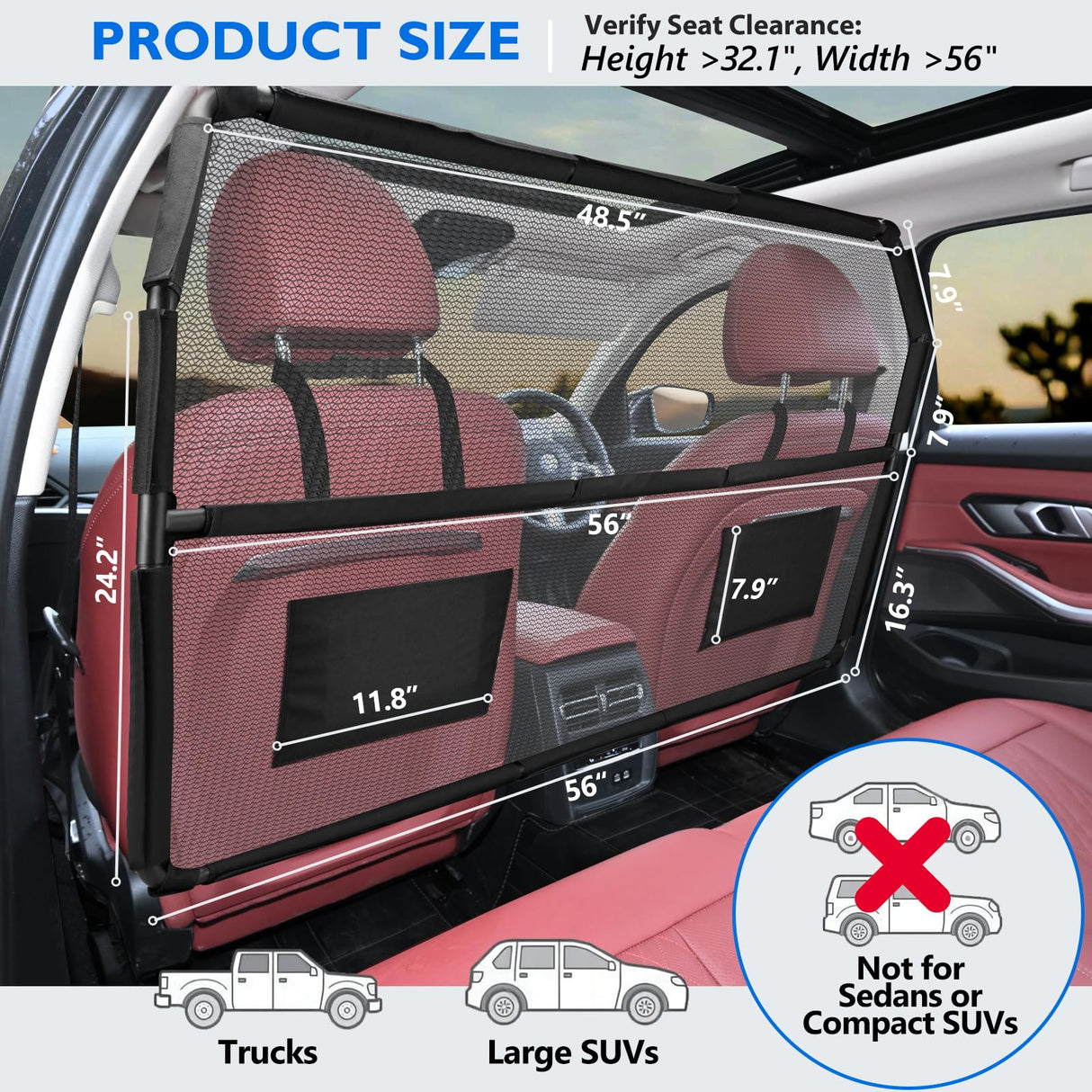 Dog Barrier for Truck, 56" Dog Car Barrier Behind Front Seat, Escape-Proof Back Seat Divider & Trunk Cargo Gate, Durable Heavy Duty Pet Gate Net for Truck, SUV & Large Vehicles