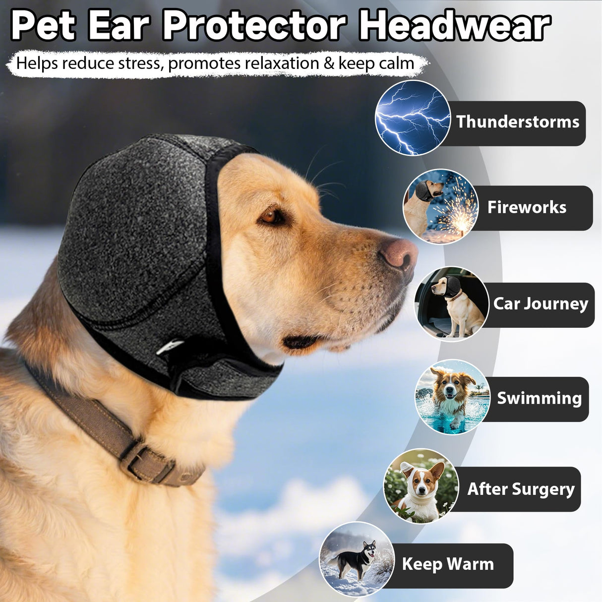 Dog Calming Hoodie Quiet Ear Cover for Noise Protection Anxiety Relief Ear Muffs, No Shake Ear Wraps for Dogs, Swim Cap Bath Blow Drying Headband Wraps for Ear Hematoma Groom Fireworks(Grey, Large)