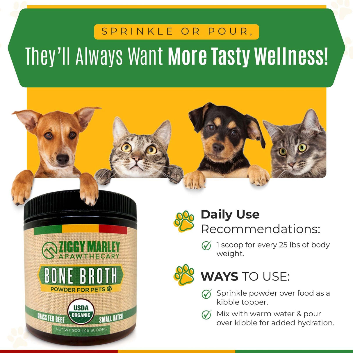 ZMA Pets Ziggy Marley's USDA Organic Beef Bone Broth Powder for Dogs & Cats - Support Joints, Coat, and Skin - Human Grade Grass Fed Beef, 90 Grams