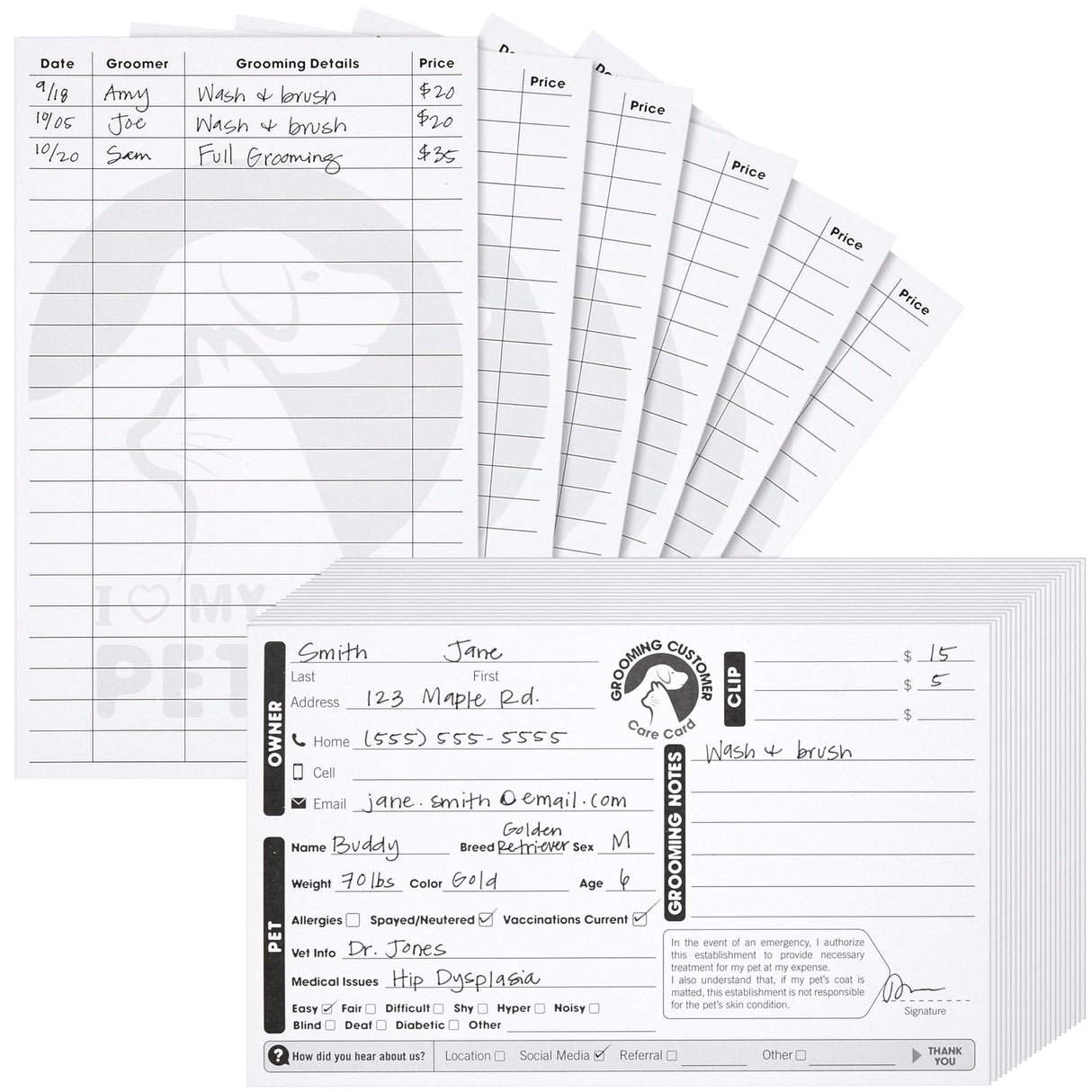 Juvale Pet Grooming Cards - Double-Sided Dog Grooming Client Cards - Pack of 100, 8 x 5 in