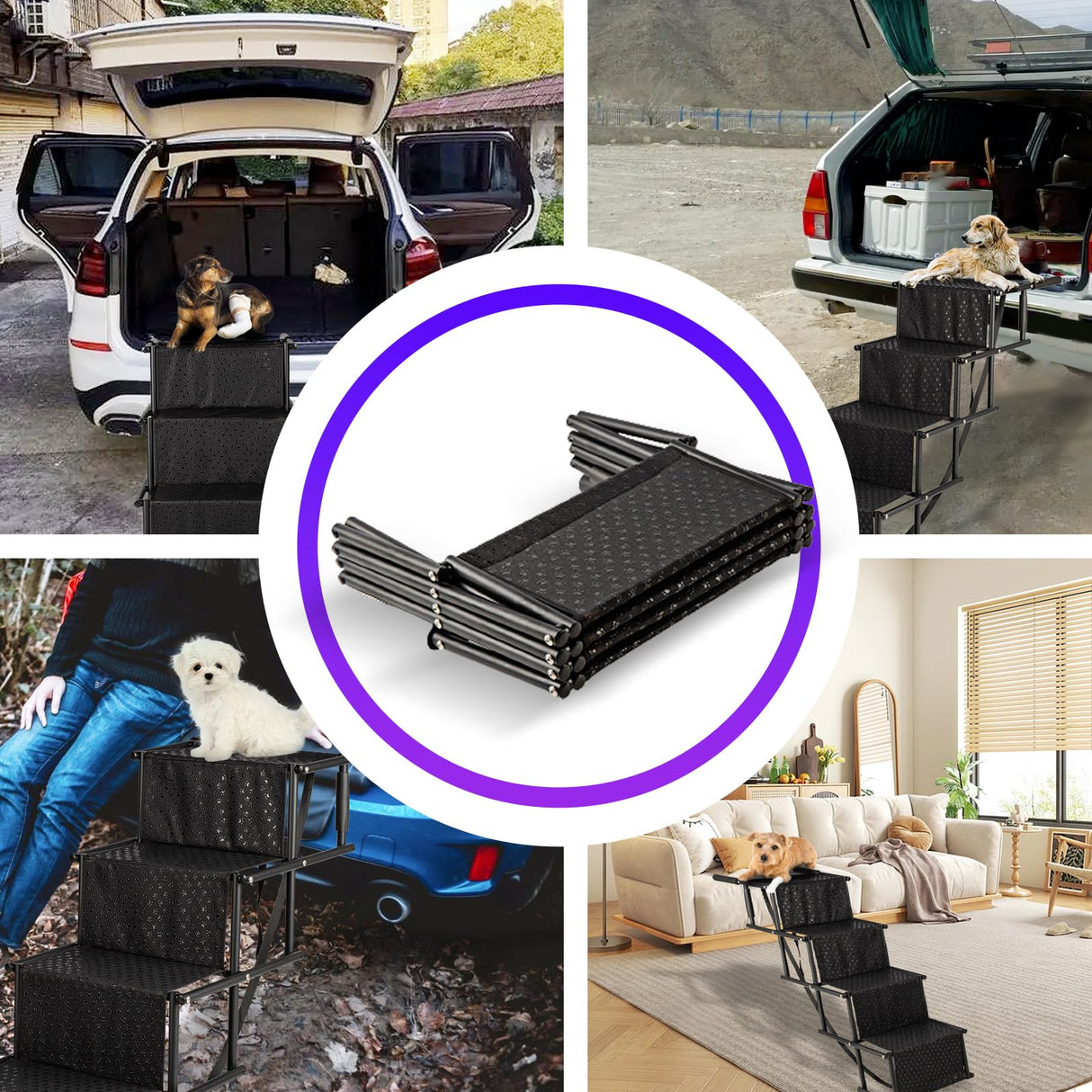 Dog Stairs for Car, Foldable Ramps for Dogs with Non-Slip Surface for Large Dogs Portable Dog Steps for Cars and SUV, Truck to 200 lbs, 4 Steps