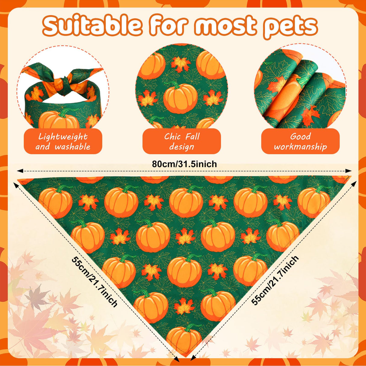 Sweetude 50 Pieces Thanksgiving Fall Dog Bandanas Bulk Pumpkin Maple Leaves Autumn Plaid Bandanas for Dogs Soft Bibs Triangle Scarves for Small Medium Large Pets Costume(31.5 x 21.7 x 21.7 Inch)