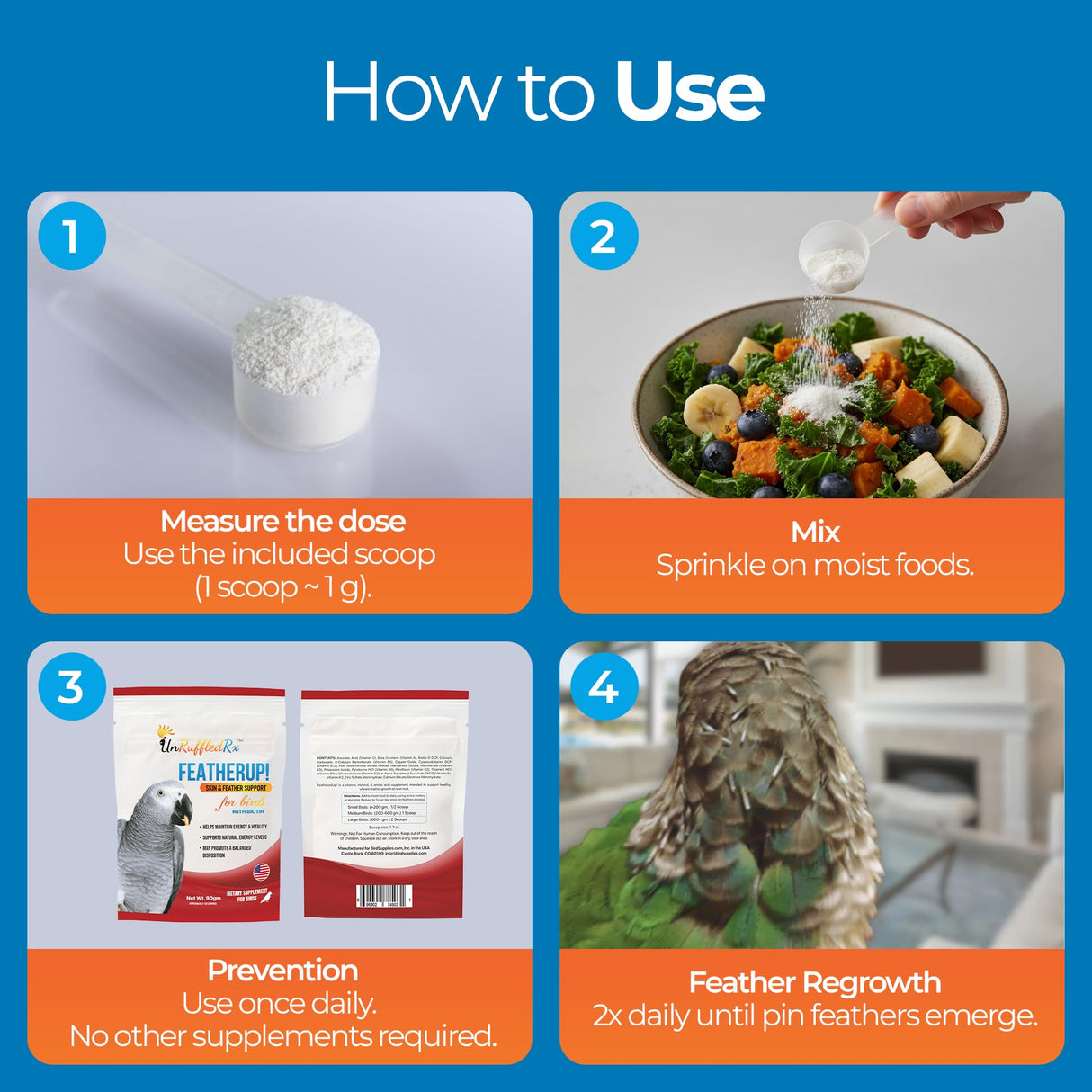UnRuffledRx FeatherUp! Bird Molting Support & Feather Growth Supplement - for Plucking, Regrowth & Molt - Multivitamin & Amino Acids for All Birds - 90g (240 Servings)