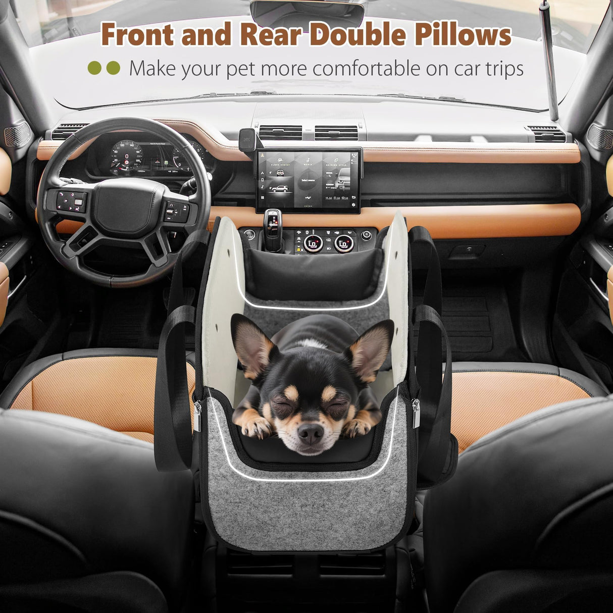 YUDODO Large Console Dog Car Seat (Width＞9in) Fits 0-18lbs, Anti-Slip Puppy Cat Travel Portable Booster Seat, Portable Pet Car Bed Carseat Dual Front & Rear Pillow Gray
