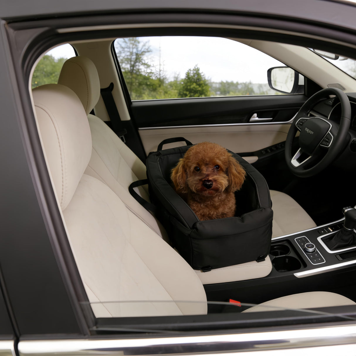 Waterproof Faux Leather Center Console Dog Car Seat, 2-in-1 Portable Puppy Carrier & Armrest Booster Seat for Small Dogs, Easy-to-Clean Tech Fabric, Sturdy Cushioned, Anti-Collapse Walls, Under 11 lbs