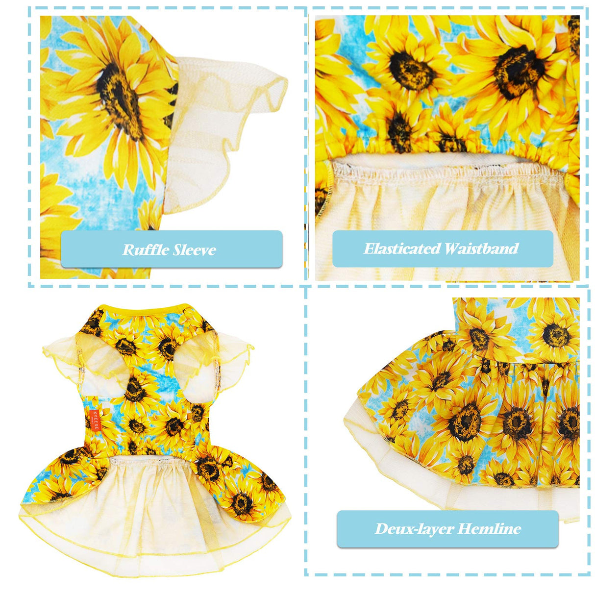 KYEESE Dog Dress for Medium Dogs Sunflower Dogs Sundress Tulle with Ruffle Sleeves Dog Apparel
