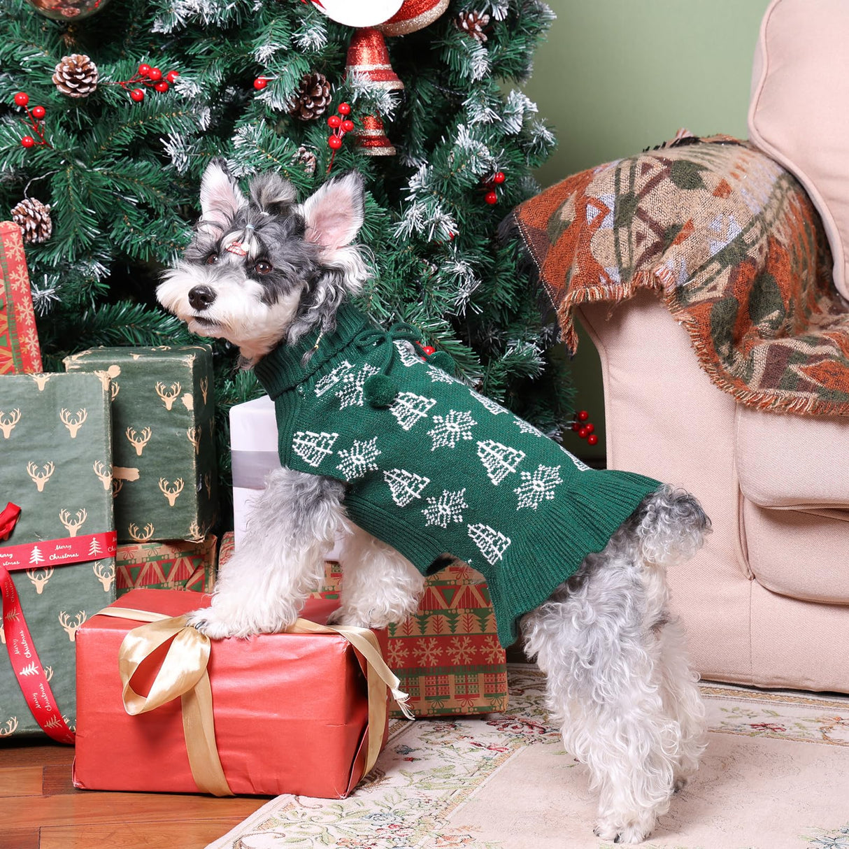 CuteBone Ugly Dog Christmas Sweater Dress Winter Knit Green Turtleneck Puppy Sweater with Craft Pom Pom Ball Pullover Ruffle Dress for Small Dogs