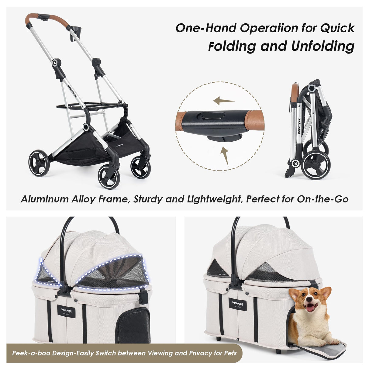 Beberoad Pets T3 Pro 3-in-1 Pet Stroller for Small Dogs & Cats – Foldable, Lightweight with Detachable Carrier, 180° Canopy & Cup Holder (Beige)